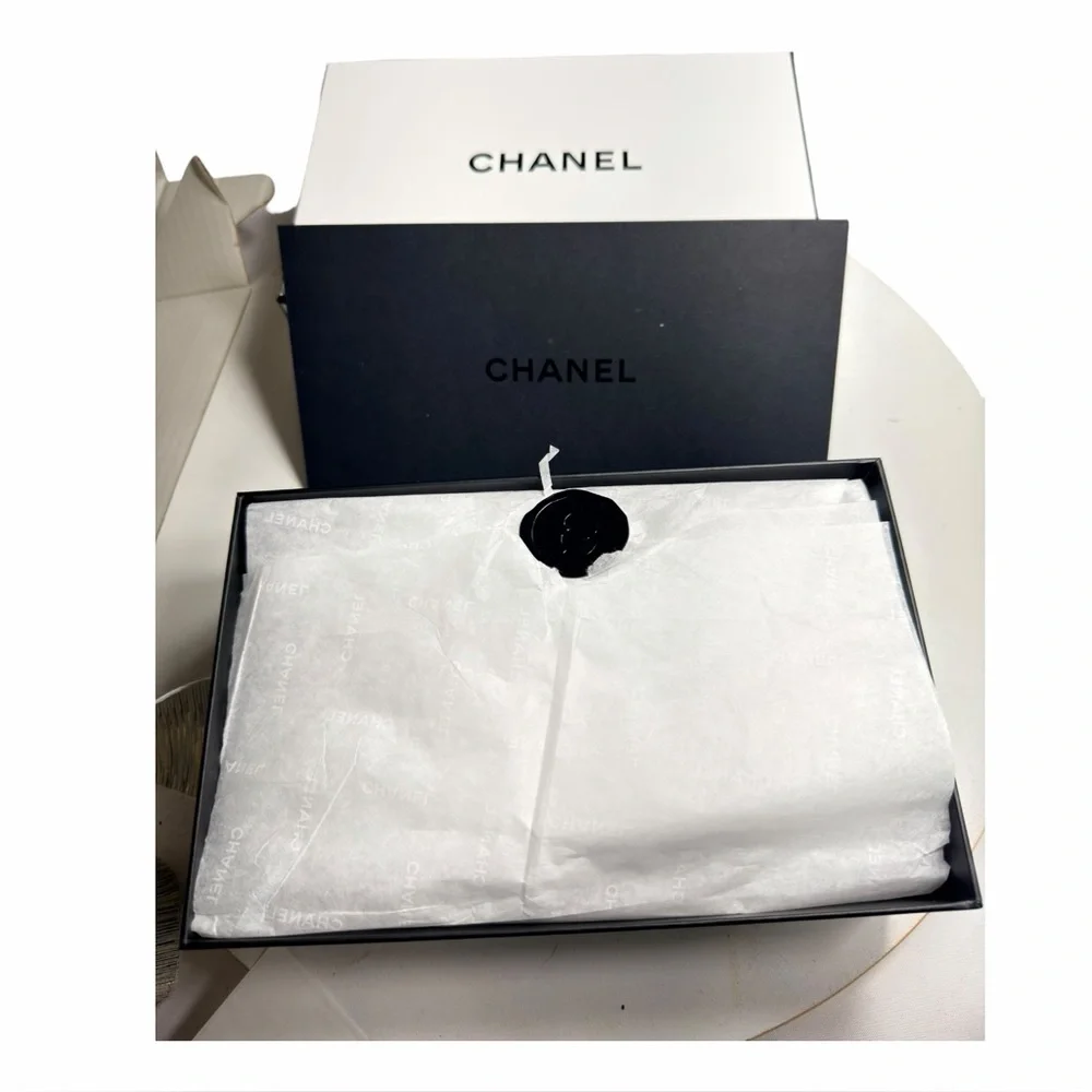 Chanel Authentic Gift Box & Envelope, Stamp Wrap w/ Logo Gold Ribbon & Packaging